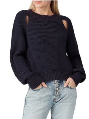 Vox lux blue wool knit slash shoulder sweater